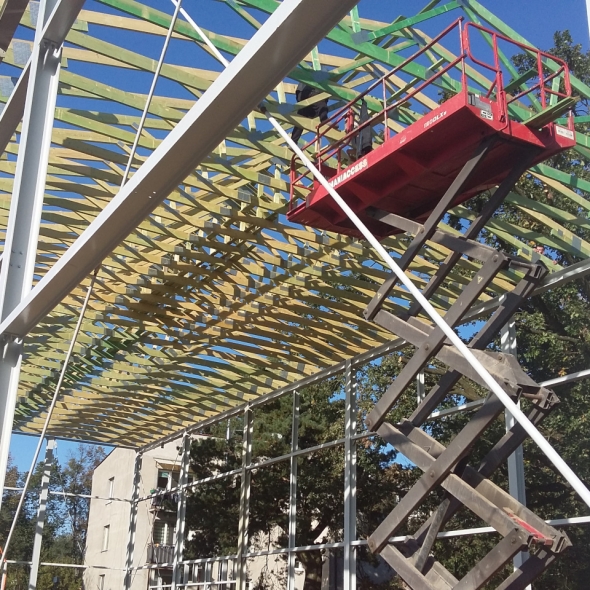 The construction of the sports hall and the addition of the connector